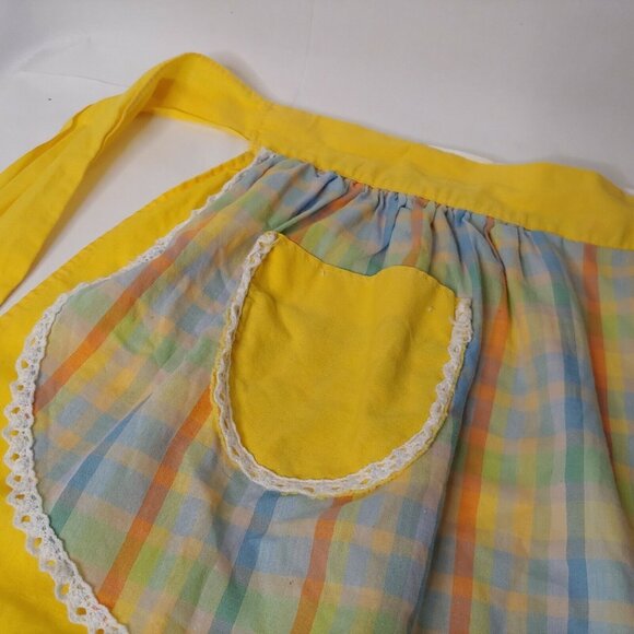 Vintage 1960's Apron Bright Yellow Lined Orange Blue Green Plaid Retro Kitchen - Picture 3 of 7